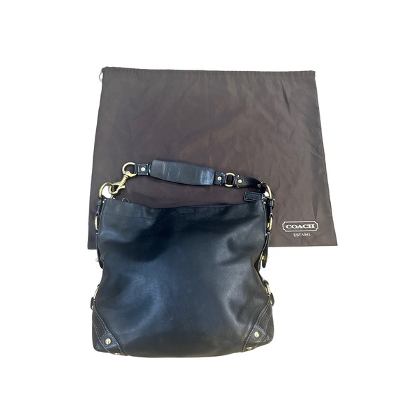 Coach Carly Large Black Leather Hobo Shoulder Bag Gold Hardware Turnlock Closure - Picture 9 of 13